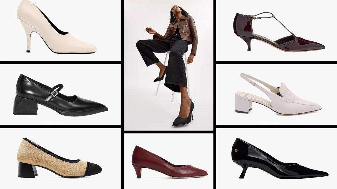 various styles of womens shoes displayed in a grid format