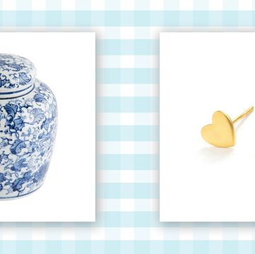 blue and white ceramic ginger jar with lid and gold heart earrings
