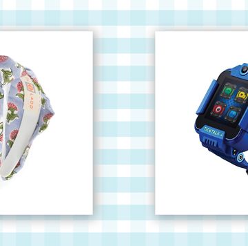 a blue smart watch and a colorful headband both pictured on a blue and white checkered background
