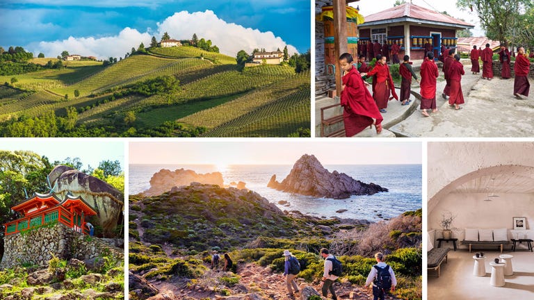 a collage featuring serene landscapes, cultural elements, and outdoor activities