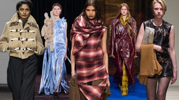 fashion runway featuring diverse outfits from multiple designers