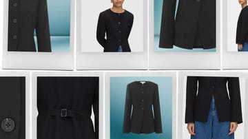 various views of a black blazer showcased in a grid format