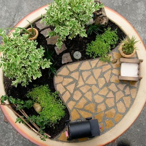 overhead view of fairy garden with patio