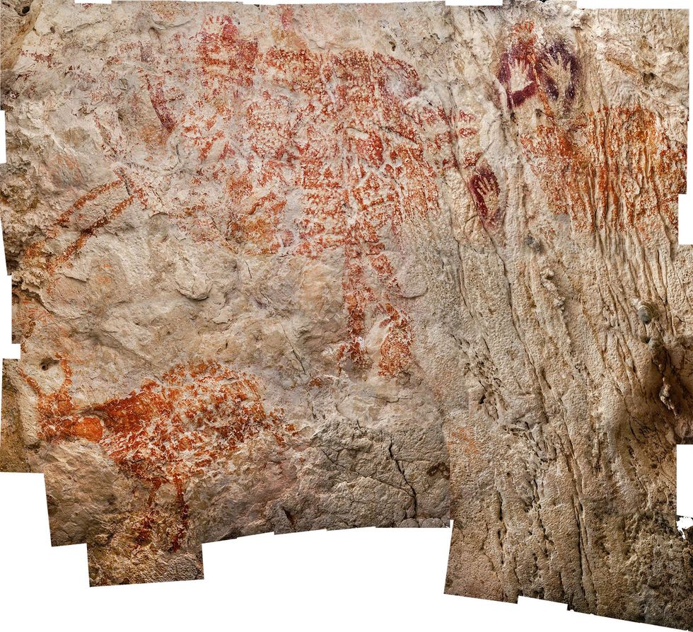 Deze afbeelding van een drietal rundachtige dieren hier te zien op een samengesteld beeld is minstens veertigduizend jaar oud en is daarmee de oudste figuratieve kunst die tot nu werd gevonden