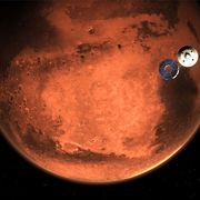 In deze illustratie is te zien hoe het NASAruimtevaartuig Perseverance zich enkele minuten vr het binnendringen van de Martiaanse atmosfeer losmaakt van zijn vluchttrap Gedurende het afremmen in de atmosfeer de afdaling en de landing moesten honderden manoeuvres met grote precisie worden uitgevoerd voordat de rover op donderdag 18 februari 2021 veilig en wel op het oppervlak van de Rode Planeet kon landen