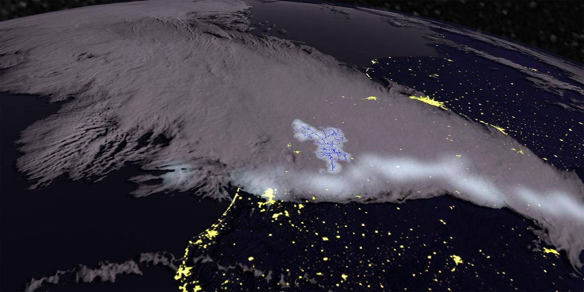 In deze computerweergave hangt een onweerswolk boven het zuiden van Brazili en Uruguay De bliksemschicht op deze foto is 257 kilometer lang iets meer dan een derde van de onlangs gedetecteerde spinbliksem die het vorige record heeft gebroken