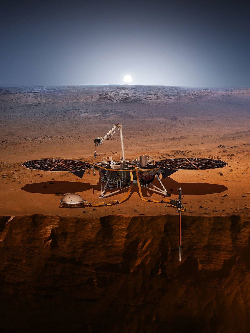 In deze illustratie staat InSight op het oppervlak van Mars naast de seismometer SEIS Ook is het instrument de Mol te zien een boor waarmee de temperatuur van de ondergrond kan worden gemeten