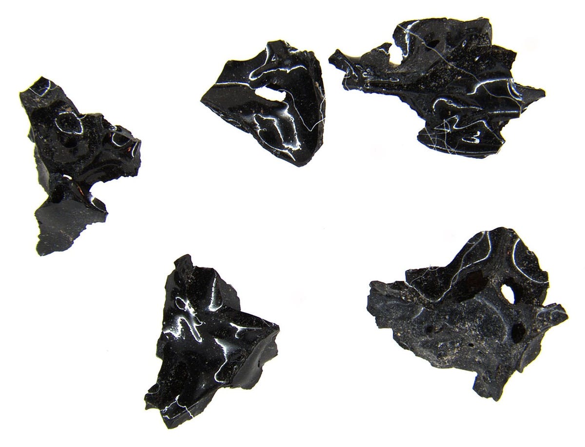 Deze glasachtige fragmenten werden aangetroffen in de schedel van een slachtoffer van de historische uitbarsting van de vulkaan Vesuvius in 79 na Chr waarbij de steden Pompe en Herculaneum werden verwoest
