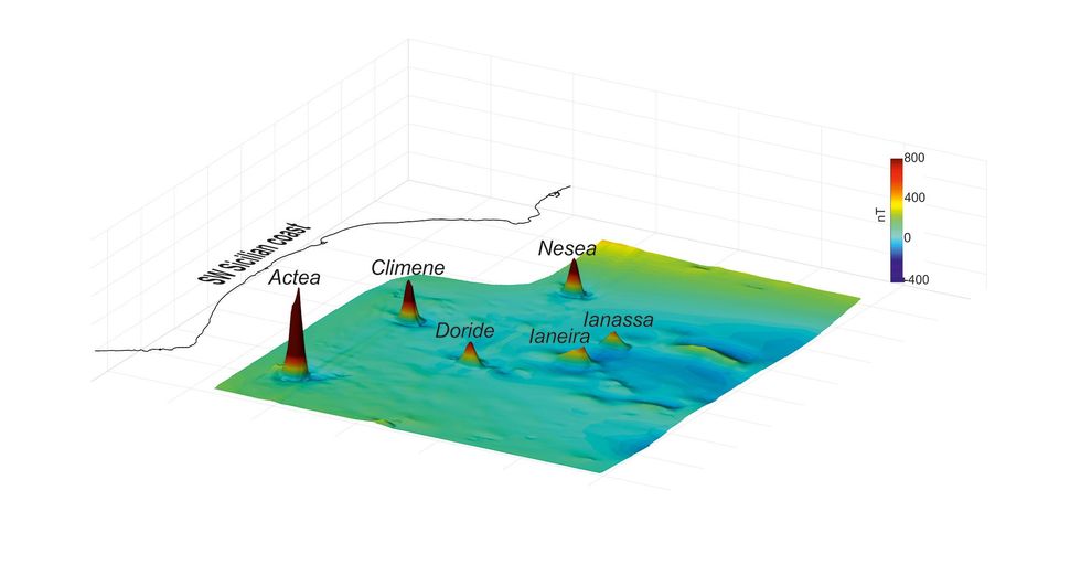 Deze 3Dkaart toont magnetische afwijkingen in de zeebodem onder de Straat van Sicili Elke piek komt overeen met een van de onlangs ontdekte vulkanen