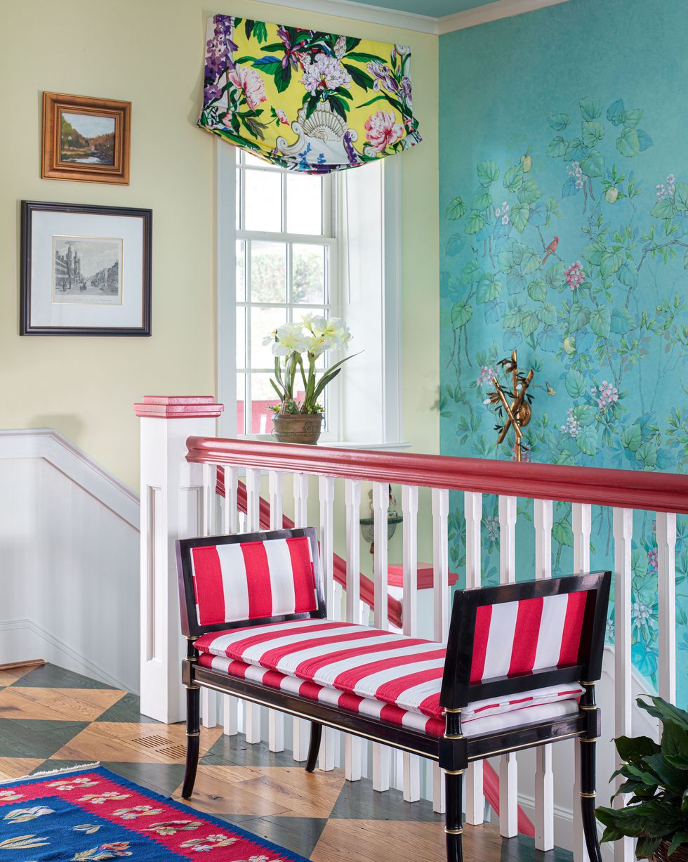 red and white striped settee stairwell