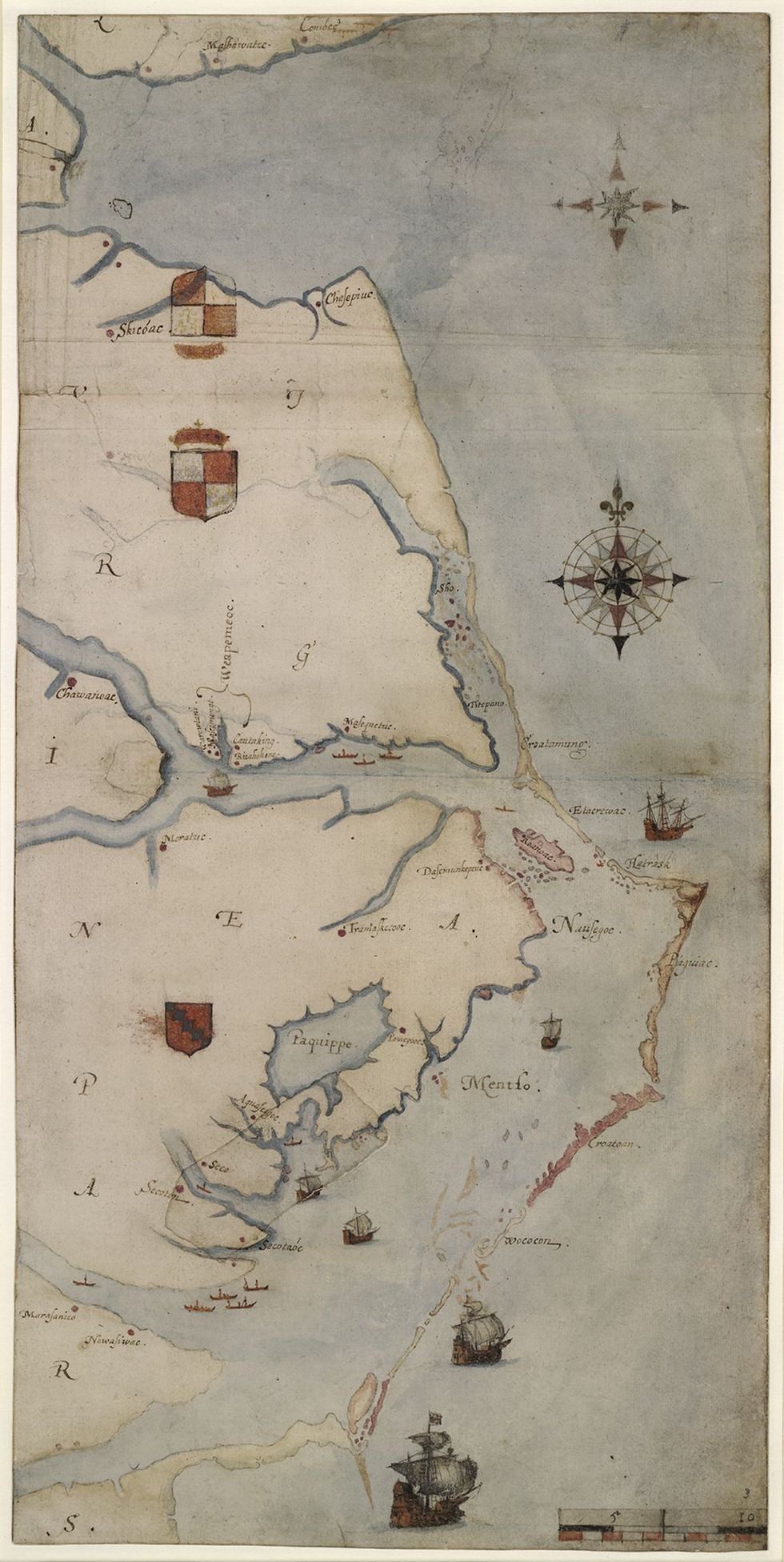 De kaart die gouverneur John White in 1585 van het gebied tussen het huidige Cape Henry Virginia en Cape Lookout NoordCarolina maakte was zeer accuraat In 2012 vonden onderzoekers onder een stukje papier op de kaart een teken dat de mogelijke locatie van een fort markeert