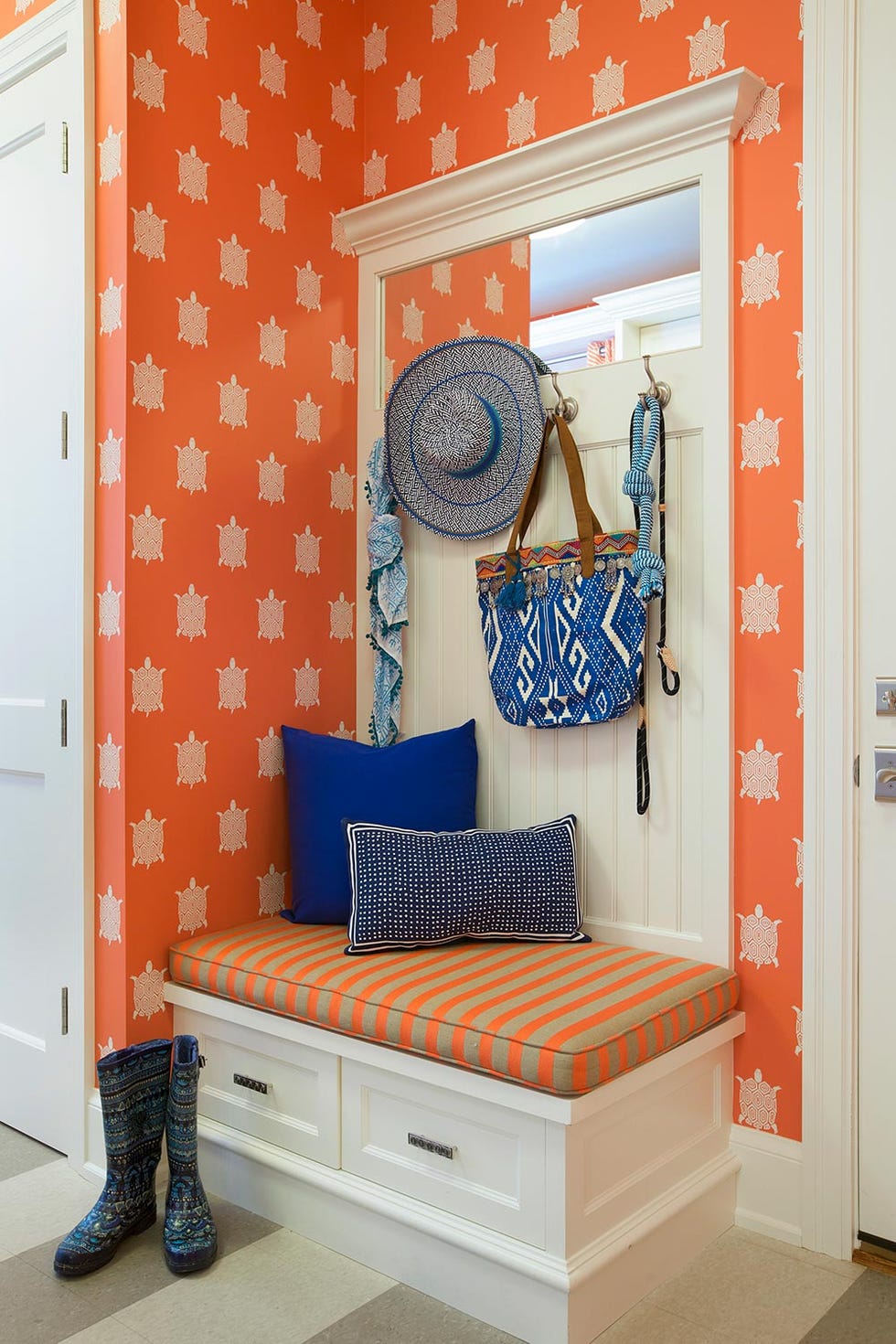 bold wallpaper mudroom