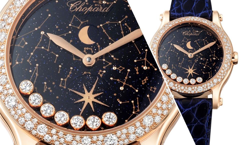Happy Moon系列月相腕錶，18K玫瑰金錶殼，錶圈雪花式鑲嵌鑽石，北半球星座點綴在藍色砂金石打造的面盤，搭配7顆滑動鑽石，搭載全新Chopard 96.25-C微型自動上鍊機芯，搭載動力儲存65小時。
