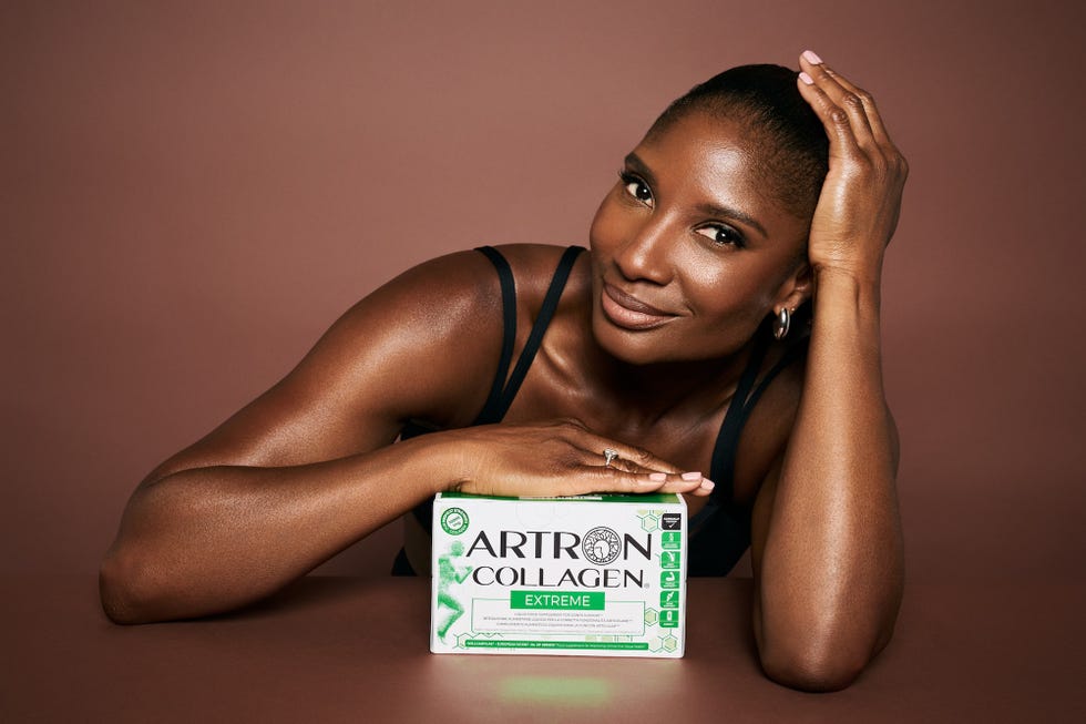 collagen supplement product displayed with a womans arms