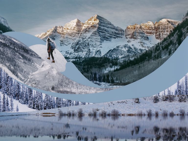 collage landscape of mountains, person near top climbing