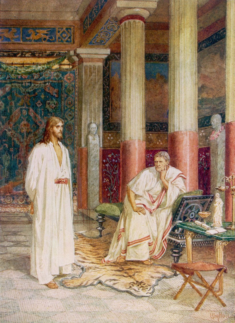 De Romeinse prefect Pontius Pilatus ondervroeg Jezus en gaf bevel tot zijn executie volgens het christelijke evangelie