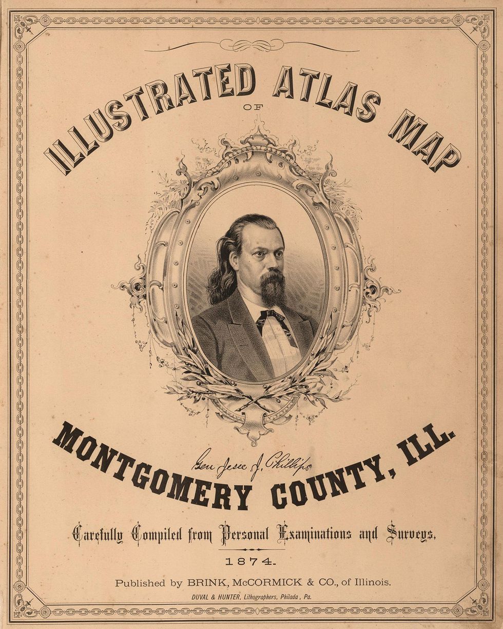 Van generaal Jesse J Phillips een van de meest vooraanstaande burgers van de county stond een gesigneerd portret op de titelpagina van de atlas
