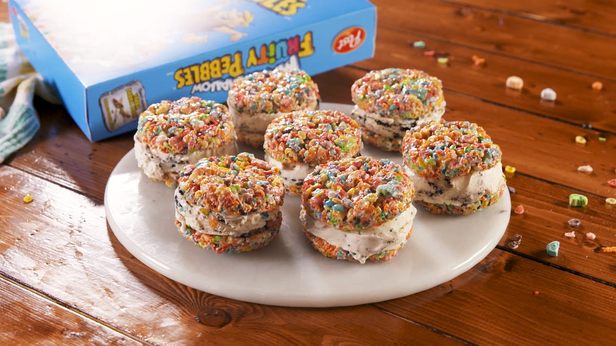 preview for Marshmallow Fruity PEBBLES™ Ice Cream Sandwiches I Delish + PEBBLES