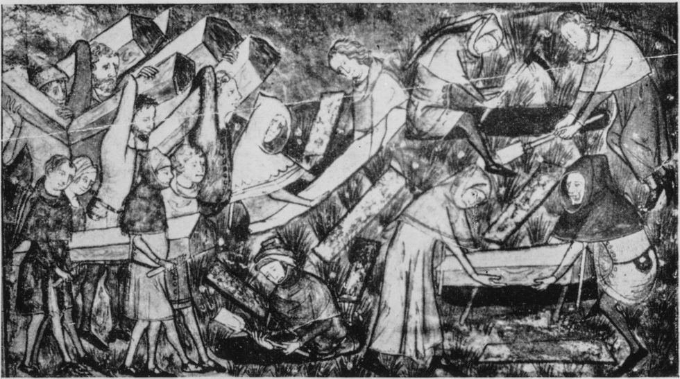 Op deze veertiendeeeuwse tekening is uitgebeeld hoe slachtoffers van de pest worden begraven In het Duitse volksgeloof doken figuren als deNachzehrernaverteerder enWiedergngerwederganger op die mogelijk zijn voortgekomen uit het enorme sterftecijfer als gevolg van de pest