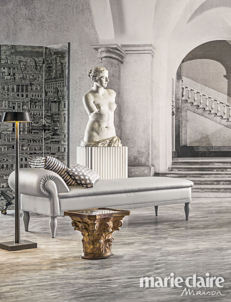 Furniture, Classical sculpture, Statue, Architecture, Sculpture, Table, Room, Column, Interior design, Art, 