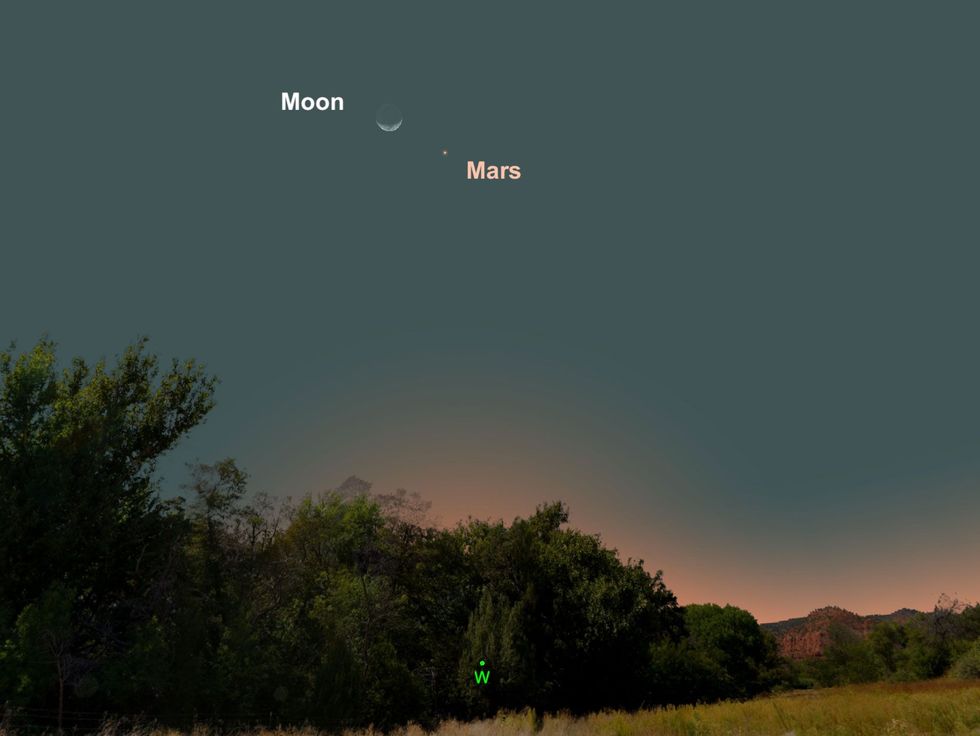 De rossige planeet Mars zal op 11 maart dichtbij de maan staan