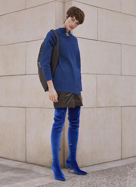 Cobalt blue, Clothing, Blue, Electric blue, Standing, Outerwear, Fashion, Jeans, Footwear, Knee, 