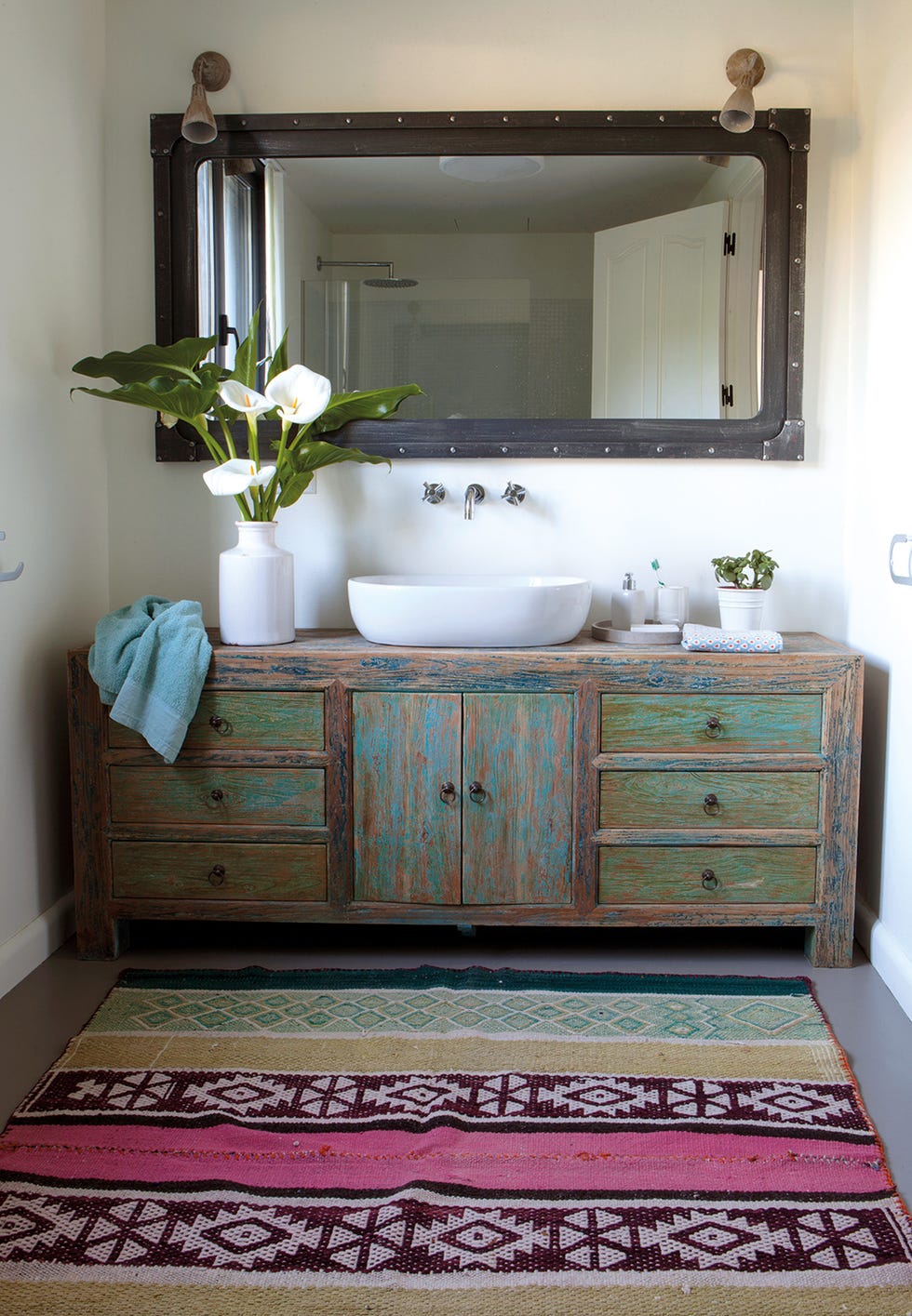 Room, Furniture, Sink, Bathroom, Floor, Property, Chest of drawers, Interior design, Purple, Tile, 
