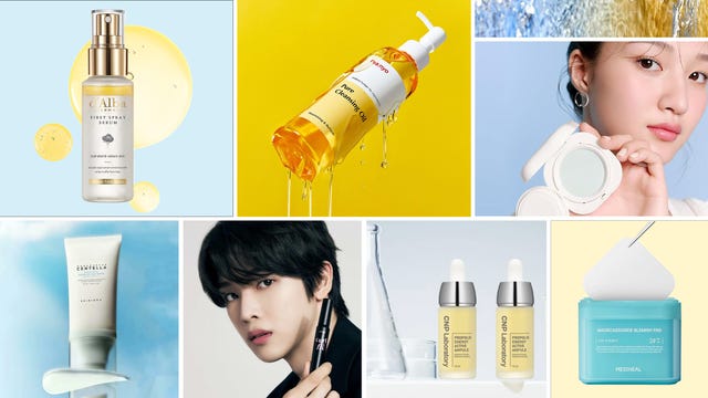 cosmetic products arranged on a colorful background