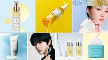 cosmetic products arranged on a colorful background