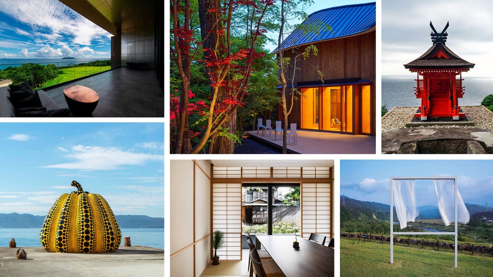 collage featuring contemporary architecture art installations and natural landscapes