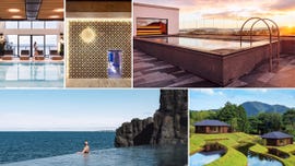 a collage of spas both indoors and outdoors