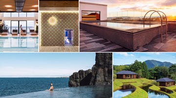 a collage of spas both indoors and outdoors