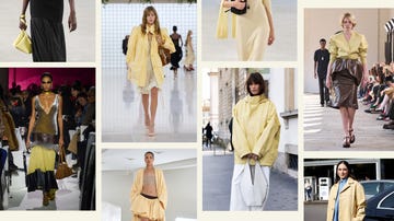 collage of runway and street style images showcasing women wearing butter yellow color trend