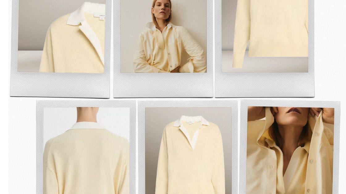 collage featuring vince butter yellow polo sweater