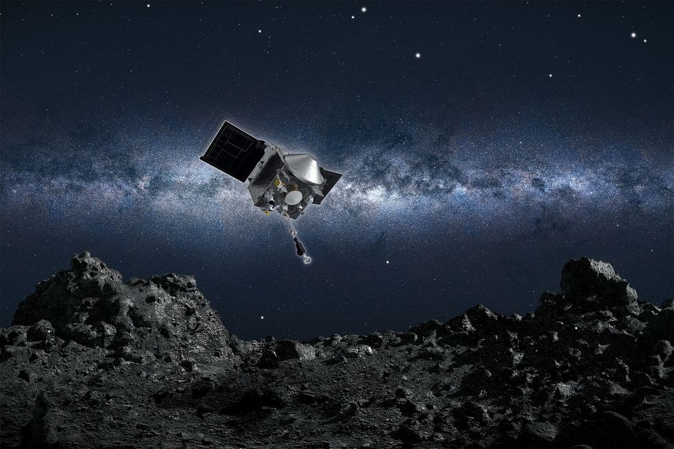 Illustratie van de NASAsondeOSIRISREx die binnenkort bodemmonsters van de asterode Bennu zal nemen