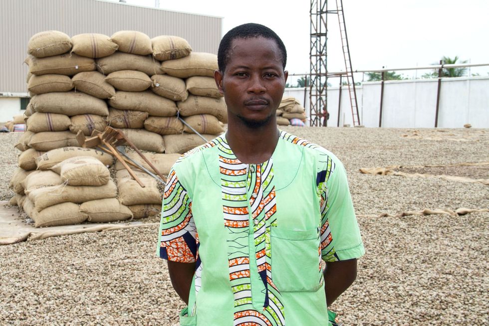Hafiz Djibril een cashewnotenteler poseert voor de foto in de fabriek van Fludor in Benin Hoewel India de markt voor cashewnoten domineert is het kleine WestAfrikaanse land een van de belangrijkste producenten van cashewnoten in Afrika een positie die door de stijgende temperaturen in de toekomst gevaar zou kunnen lopen