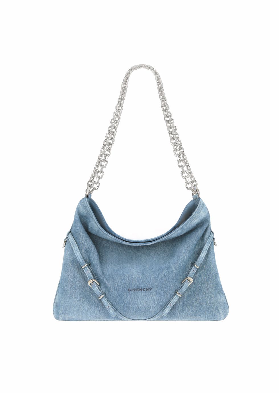 a blue handbag with a strap