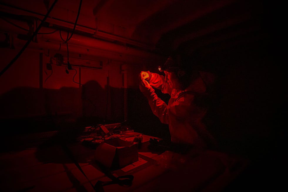 Met een naald neemt Morgan Bender bloedmonsters af bij twee Arctische kabeljauws Om ervoor te zorgen dat de experimenten niet door lichtvervuiling worden verstoord werkte ze bij het zwakke licht van een rode lamp