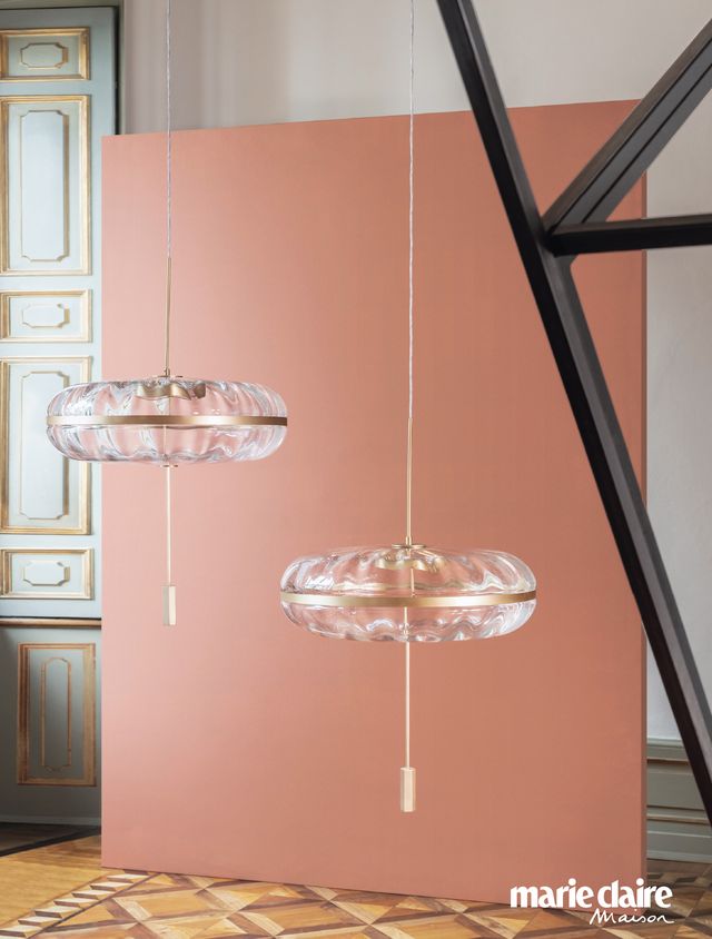 Light fixture, Lighting, Pink, Ceiling, Lighting accessory, Lampshade, Room, Floor, Material property, Furniture, 