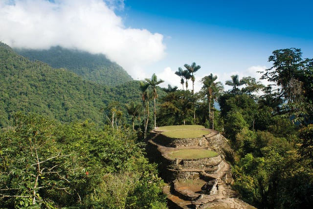 Het centrale terras van Teyuna in de jungle van de Sierra Nevada de Santa Marta in Colombia is het hoogste punt van de stad Deze gebouwen dienden waarschijnlijk een belangrijk ceremonieel doel