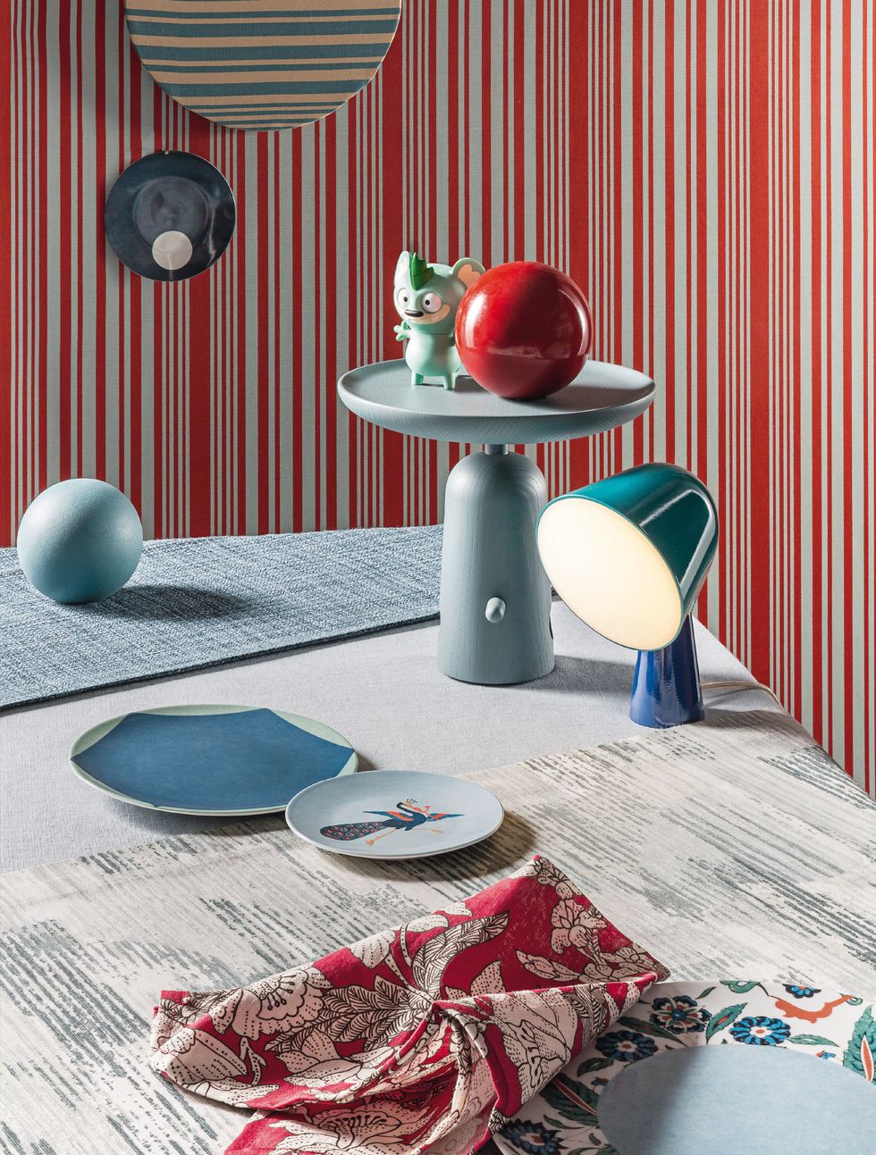 Tablecloth, Red, Blue, Room, Table, Furniture, Interior design, Textile, Linens, Curtain, 