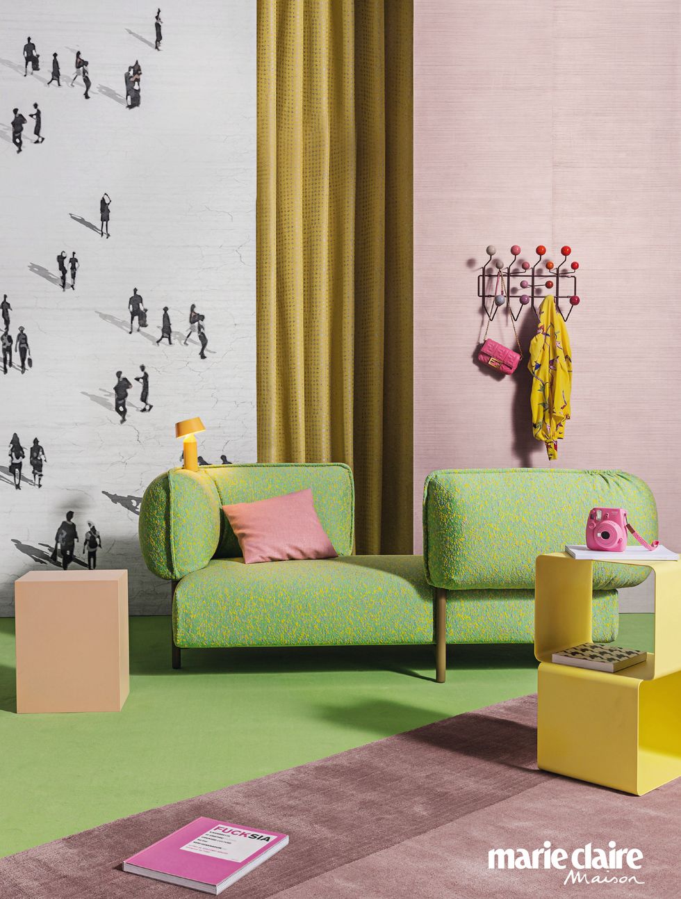 Pink, Furniture, Room, Wall, Interior design, Couch, Wallpaper, Text, Living room, Yellow, 