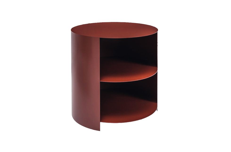 Furniture, Orange, Table, Shelf, Material property, Cylinder, Nightstand, End table, 