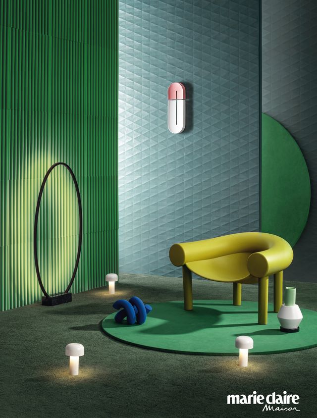 Green, Interior design, Room, Wall, Table, Furniture, Wallpaper, Design, Architecture, Flooring, 