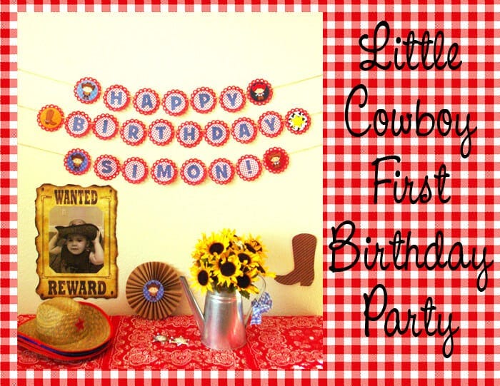 a first birthday party with a cowboy theme includes a wanted poster and cowboy hats and boots