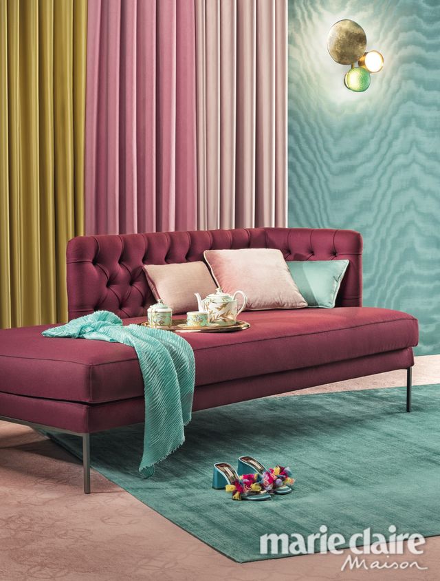 Furniture, Room, Interior design, Pink, Couch, Living room, Curtain, Turquoise, Wall, Wallpaper, 