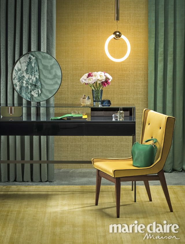 Room, Furniture, Interior design, Green, Floor, Window covering, Table, Yellow, Lighting, Living room, 