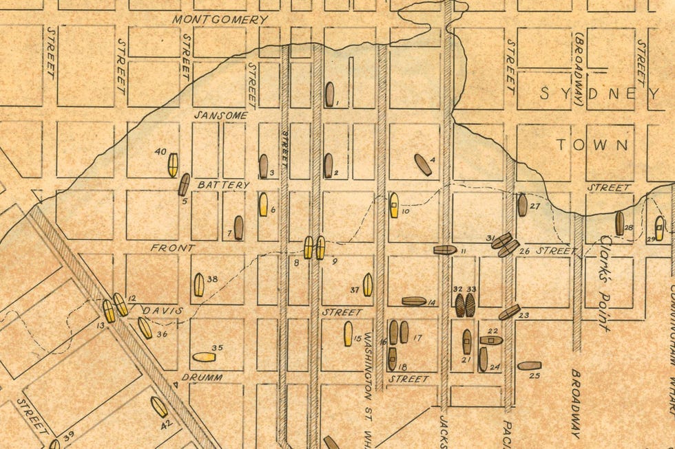 In dit detail van de oorspronkelijke scheepswrakkenkaart uit 1963 is Sydney Town te zien waar de Australirs in de jaren van de Gold Rush samenklonterden Verder landinwaarts was er ook een naburige Chileense enclave Soms braken er gevechten tussen de beide groepen uit