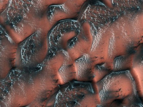 Deze opname werd in 2017 gemaakt door de HiRISEcamera aan boord van de NASAsonde Mars Reconnaissance Orbiter In de winter ontstaat er kooldioxiderijp op deze duinen maar met de komst van de voorjaarzon begint dat ijs te verdampen De vrijkomende damp voert donkere zanddeeltjes uit de onderliggende duinen mee naar de oppervlakte waardoor dit merkwaardige schubbenpatroon ontstaat