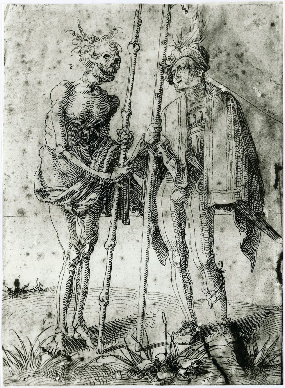 Op deze zestiendeeeuwse tekening van Hans Baldung Grien is uitgebeeld hoe een Duitse huurling met de Dood spreekt Toen Europa werd getroffen door de pest nam het aantal volksverhalen over hongerige en wraakzuchtige ondoden sterk toe iets wat ook zijn weerslag kan hebben gehad op begrafenisrituelen